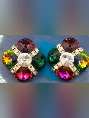Margarita Rivoli Crystal Earrings Gold Tone Clip-on Channel Set Smaller Crystals